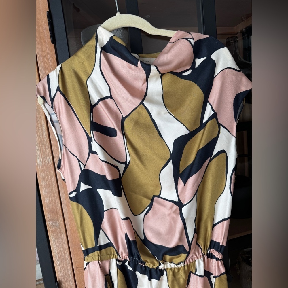 Marc Jacobs silk midi dress cowl mock neck short cap sleeve abstract print knee - Picture 5 of 11
